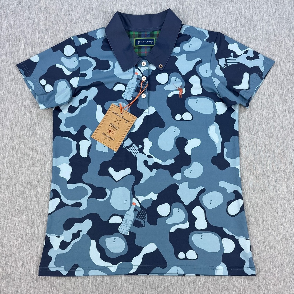 William Murray x Tito's Vodka Polo Shirt Womens M Blue Camo Golf Stretch NEW